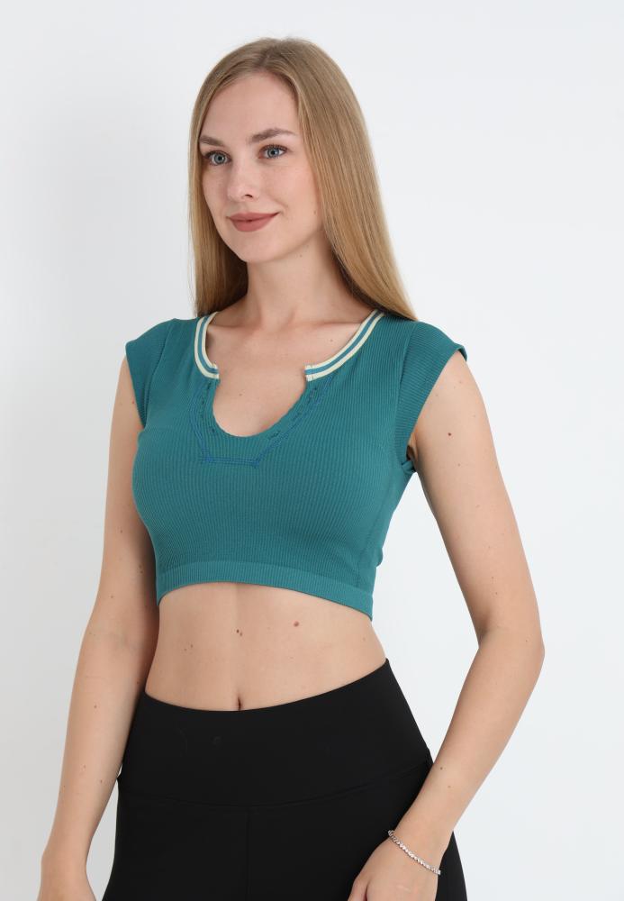 Crop Tricou Damă cu Mânecă Scurtă ,Culoarea Verde, Engros